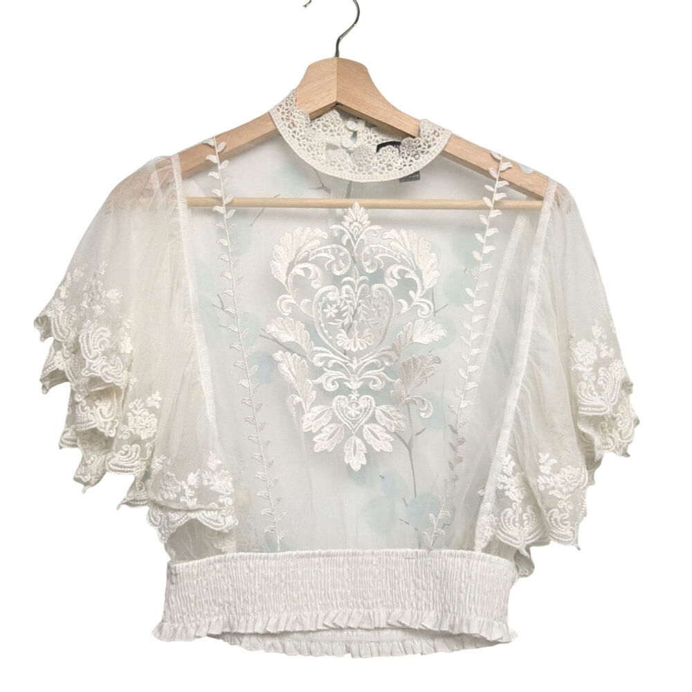 Forever21 Sheer Mesh Crochet Trim Blouse Cream Romantic Boho Festival Sz Medium